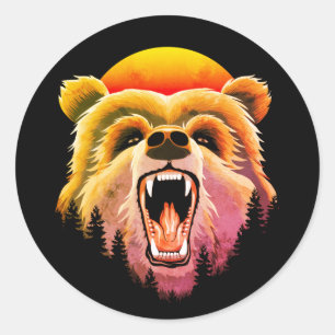 Pegatina Redonda Roaring Grizzly Bear Face