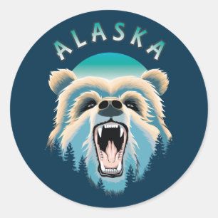 Pegatina Redonda Roaring Grizzly Bear Face - Alaska Wildlife