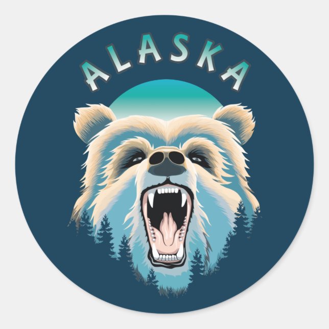 Pegatina Redonda Roaring Grizzly Bear Face - Alaska Wildlife (Anverso)