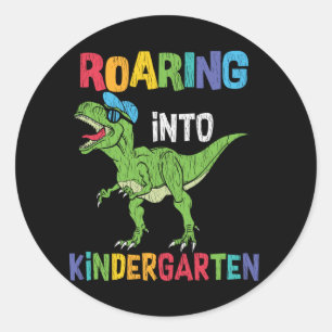 Pegatina Redonda Roaring Kindergarten Back School T rex Dinosaur