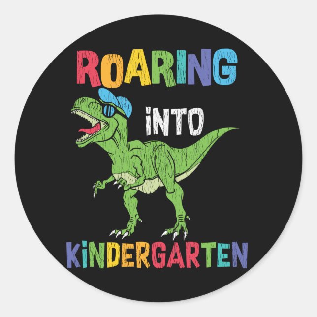 Pegatina Redonda Roaring Kindergarten Back School T rex Dinosaur (Anverso)