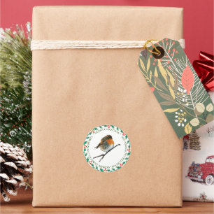 Pegatina Redonda Robin bird nombre Merry Christmas holly