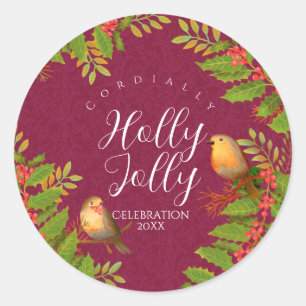 Pegatina Redonda Robin Birds Holly Berry Wine
