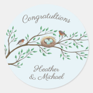Pegatina Redonda Robin Birds Nest Eggs Spring Baby Shower