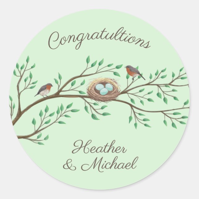 Pegatina Redonda Robin Birds Nest Eggs Spring Baby Shower (Anverso)