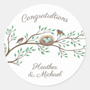 Pegatina Redonda Robin Birds Nest Eggs Spring Baby Shower
