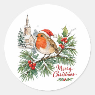 Pegatina Redonda Robin de Navidad con acebo y nieve en acuarela