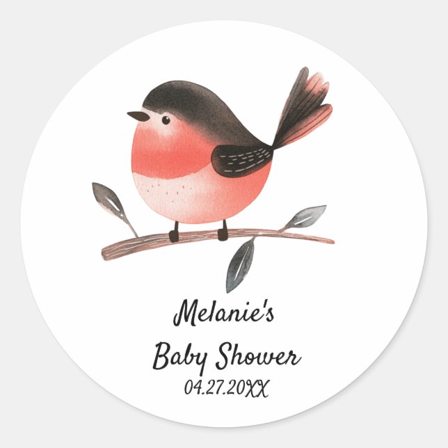 Pegatina Redonda Robin escarlata en Branch Woodland Bird Baby Showe (Anverso)