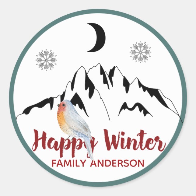 Pegatina Redonda Robin, feliz Navidad personalizado de invierno (Anverso)