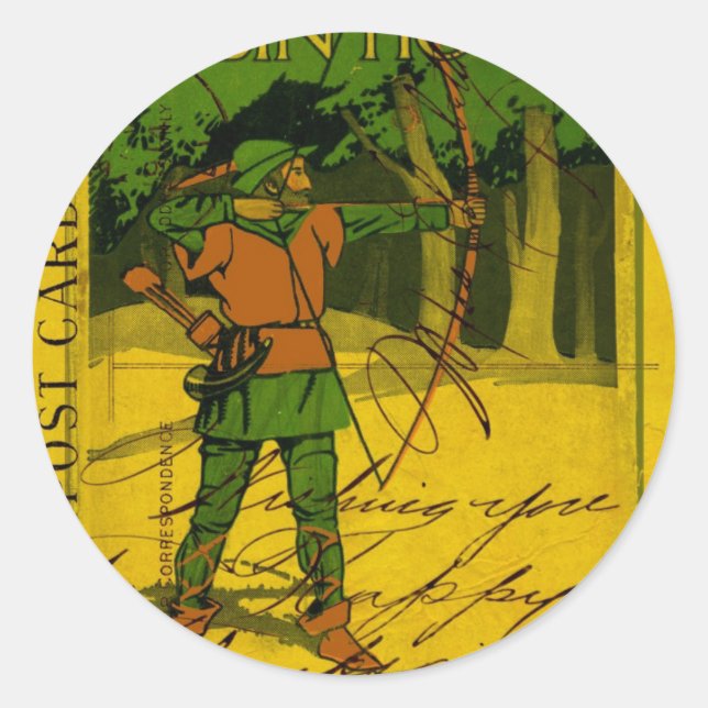 Pegatina Redonda Robin Hood, su curva y flecha (Anverso)