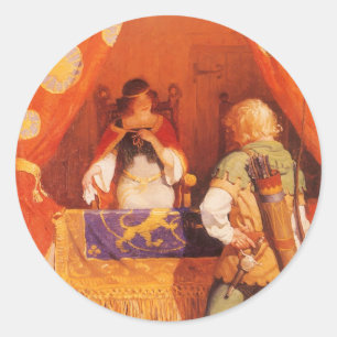 Pegatina Redonda Robin Hood vintage se encuentra con una empleada d