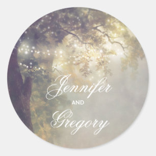 Pegatina Redonda Roble rústico y boda del vintage de las luces de