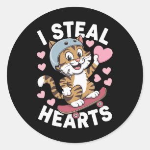 Pegatina Redonda Robo Corazones Amantes de los Gatos Día de San Val
