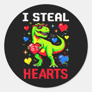 Pegatina Redonda Robo Corazones Pixel Dinosaurio Jugador San Valent