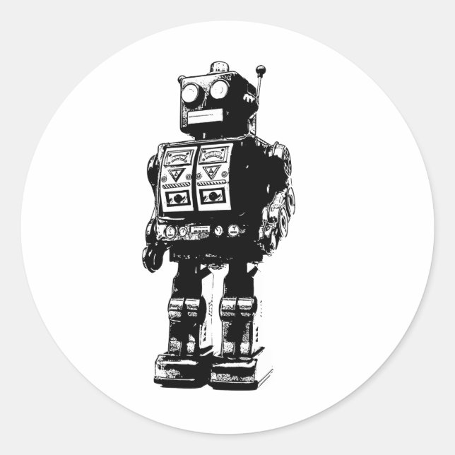 Pegatina Redonda Robot blanco y negro (Anverso)