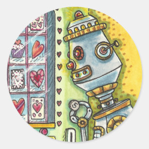 PEGATINA REDONDA ROBOT BUSCANDO AMOR, CORAZÓN DE MÁQUINA EXPENSATOR