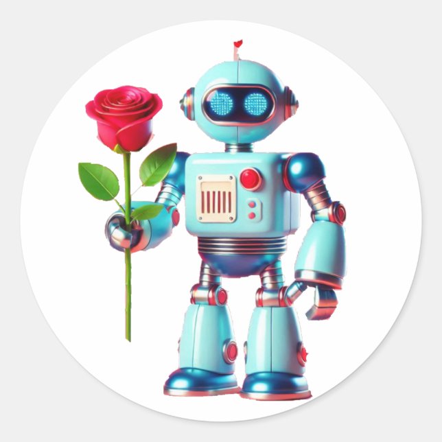 Pegatina Redonda Robot con Rosa (Anverso)