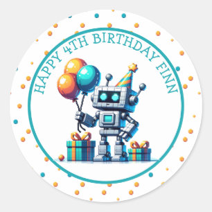 Pegatina Redonda Robot de arte de Pixel en cumpleaños Naranja y Ver