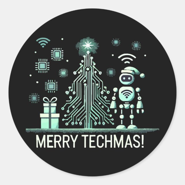Pegatina Redonda Robot de IA con árbol de Navidad tecnológico - Tec (Anverso)