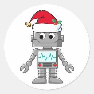 Pegatina Redonda Robot Wearing Santa Hat