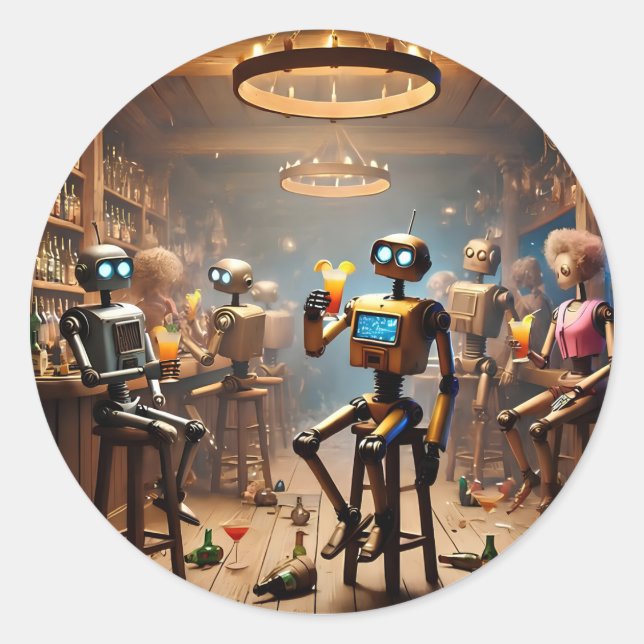 Pegatina Redonda robots having fun in a bar (Anverso)