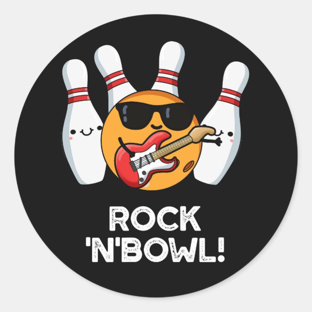 Pegatina Redonda Rock And Bowl Funny Bowling Pun Dark BG (Anverso)