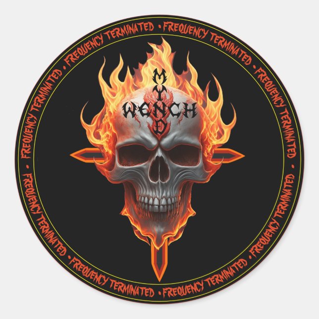 Pegatina Redonda Rock And Rolly Heavy Music Band Flaming Skull (Anverso)