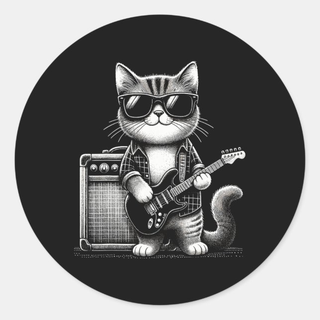 Pegatina Redonda Rock Cat Tocando Guitarra (Anverso)