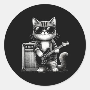 Pegatina Redonda Rock Cat Tocando Guitarra