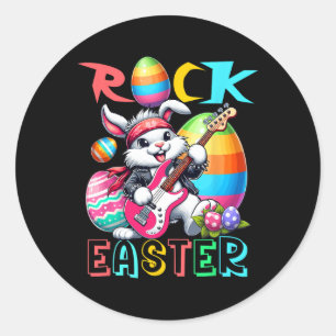 Pegatina Redonda Rock Easter Costume Bunny Tocando Guitarismo De Gu