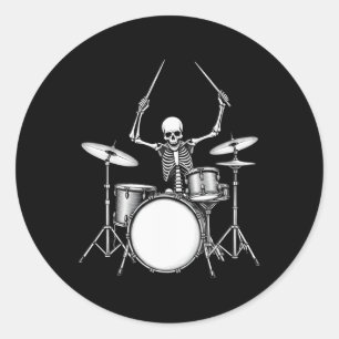 Pegatina Redonda Rock N Roll Drummer Skeleton