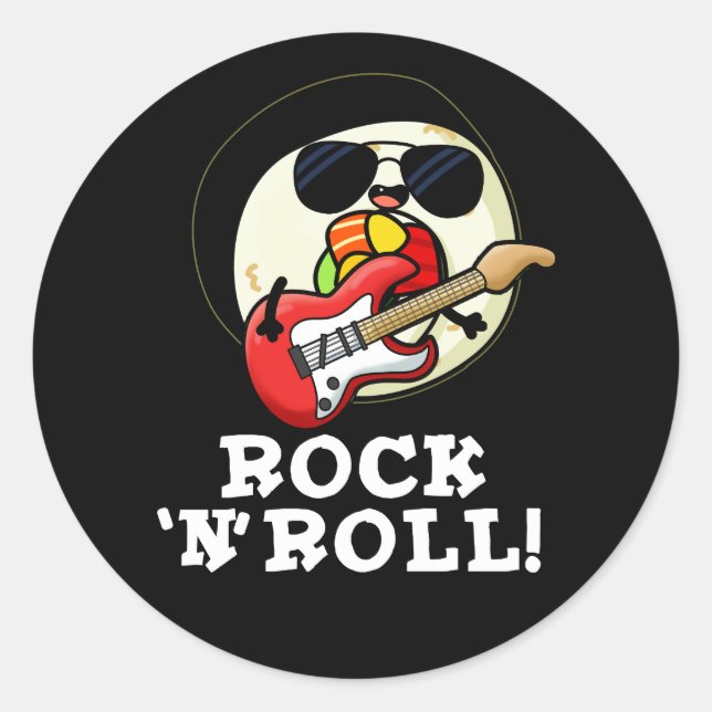 Pegatina Redonda Rock n Roll Funny Sushi Roll Pun Dark BG (Anverso)
