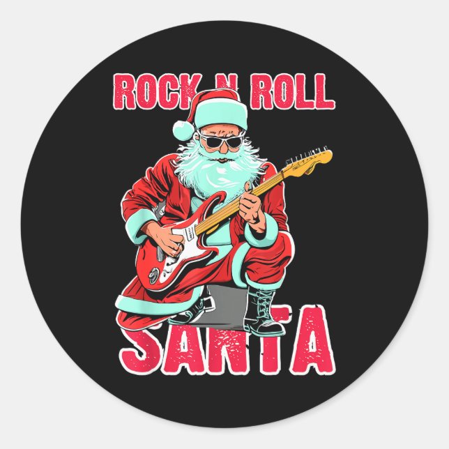 Pegatina Redonda Rock N Roll Santa Playing Guitar Christmas  (Anverso)