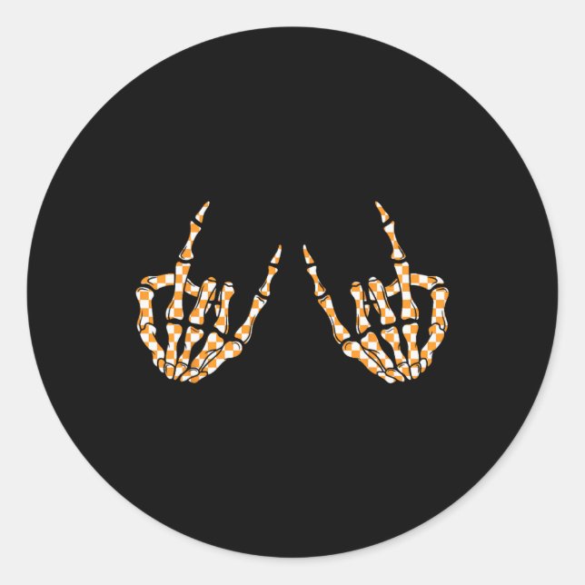 Pegatina Redonda Rock On Halloween Checkered Pattern Skeletand Hand (Anverso)