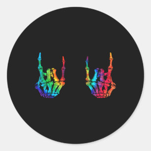 Pegatina Redonda Rock On Rock Star Skeleton Hands Rocker Halloween