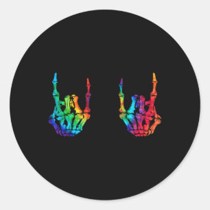 Pegatina Redonda Rock On Rock Star Skeleton Hands Rocker Halloween