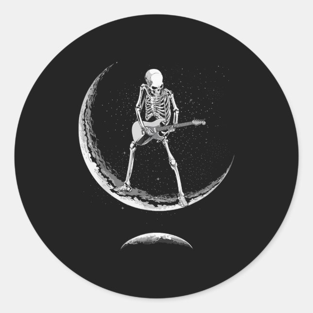 Pegatina Redonda Rock On Skeleton Moon Shirt - Funny Halloween Rock (Anverso)