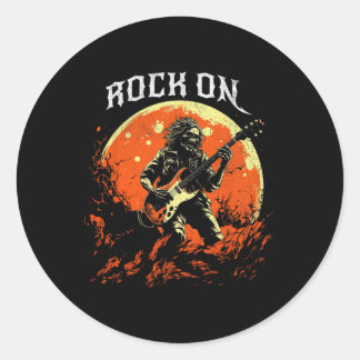 Pegatina Redonda Rock On Skeleton Tocando Rock De Guitarra Y Rollo