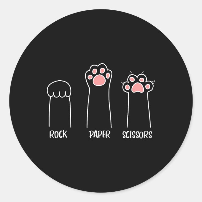 Pegatina Redonda Rock Paper Scissors Hand Game Cute Paw Funny Cat (Anverso)