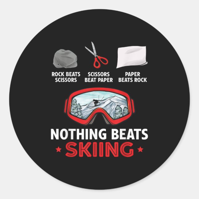 Pegatina Redonda Rock Paper Scissors Nothing Beats Skiing  (Anverso)