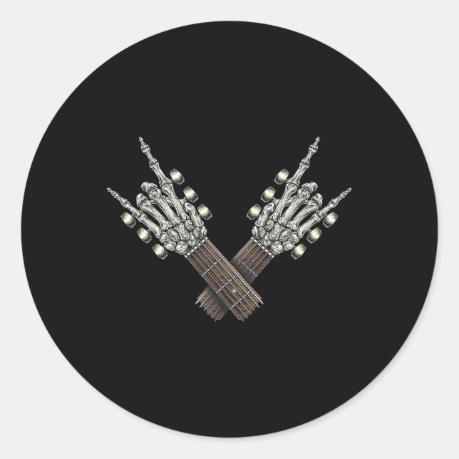 Pegatina Redonda Rock Sobre El Cuello De Guitarra Rock Y Esqueleto  (Anverso)
