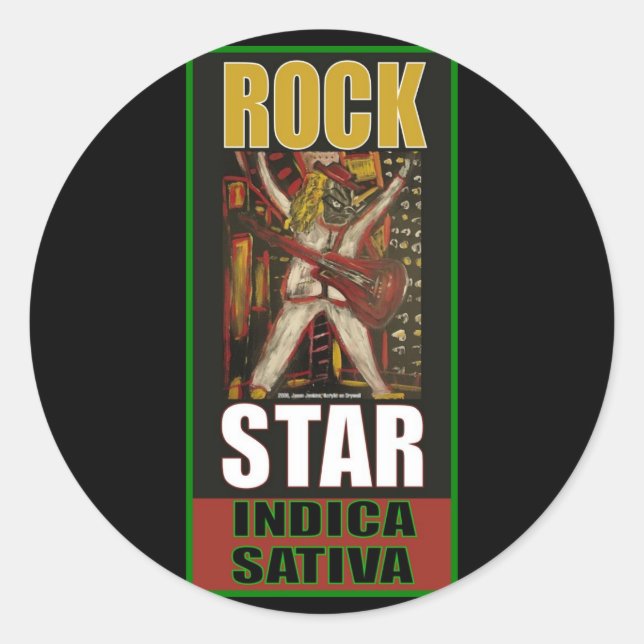PEGATINA REDONDA ROCK STAR INDICA SATIVA (Anverso)