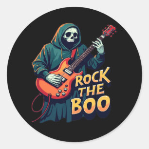 Pegatina Redonda Rock the Boo - Halloween Skeleton Guitar Design