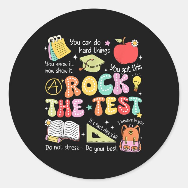 Pegatina Redonda Rock The Test Day Staar State Testing Teacher Moti (Anverso)