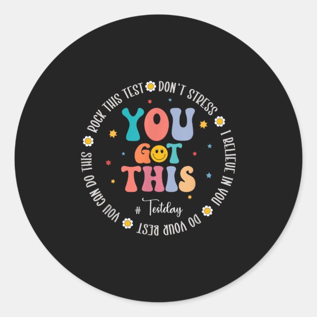 Pegatina Redonda Rock The Test Teacher Testing Day Motivational Tes (Anverso)