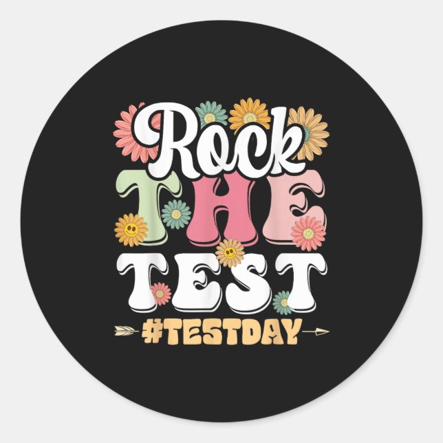 Pegatina Redonda Rock The Test Testing Day Groovy Motivational Teac (Anverso)