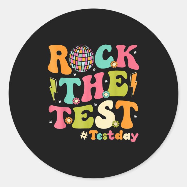 Pegatina Redonda Rock The Test Testing Day Retro Motivational Teach (Anverso)