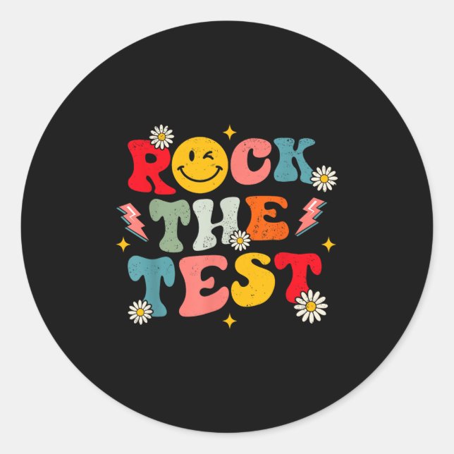 Pegatina Redonda Rock The Test Testing Day Retro Motivational Teach (Anverso)