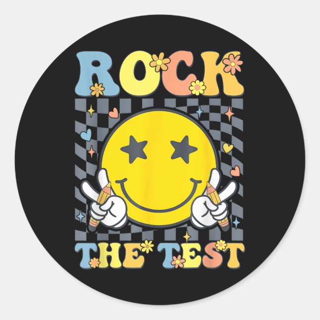 Pegatina Redonda Rock The Test Testing Day Teacher (Anverso)