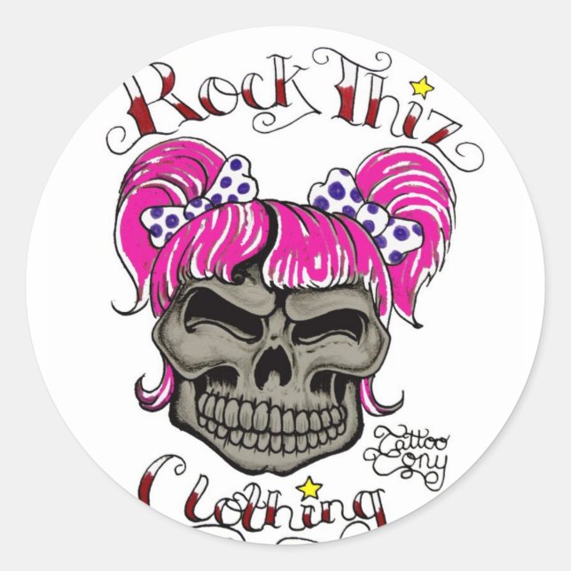 Pegatina Redonda Rock Thiz Clothing & Tattoo Tony Pink Ponytails (Anverso)